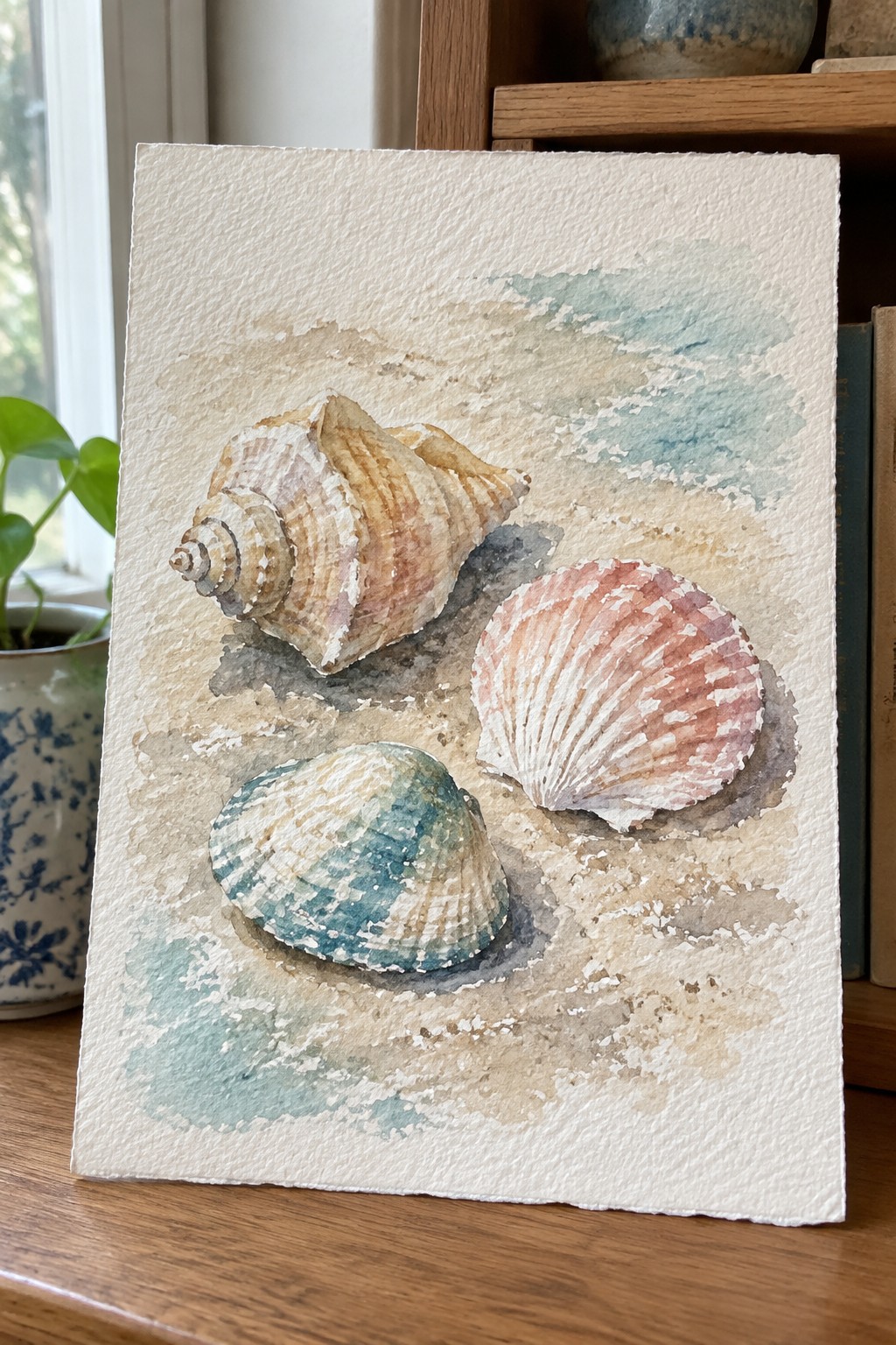 Watercolor painting of three seashells: conch, pink scallop, and blue clam on sandy paper