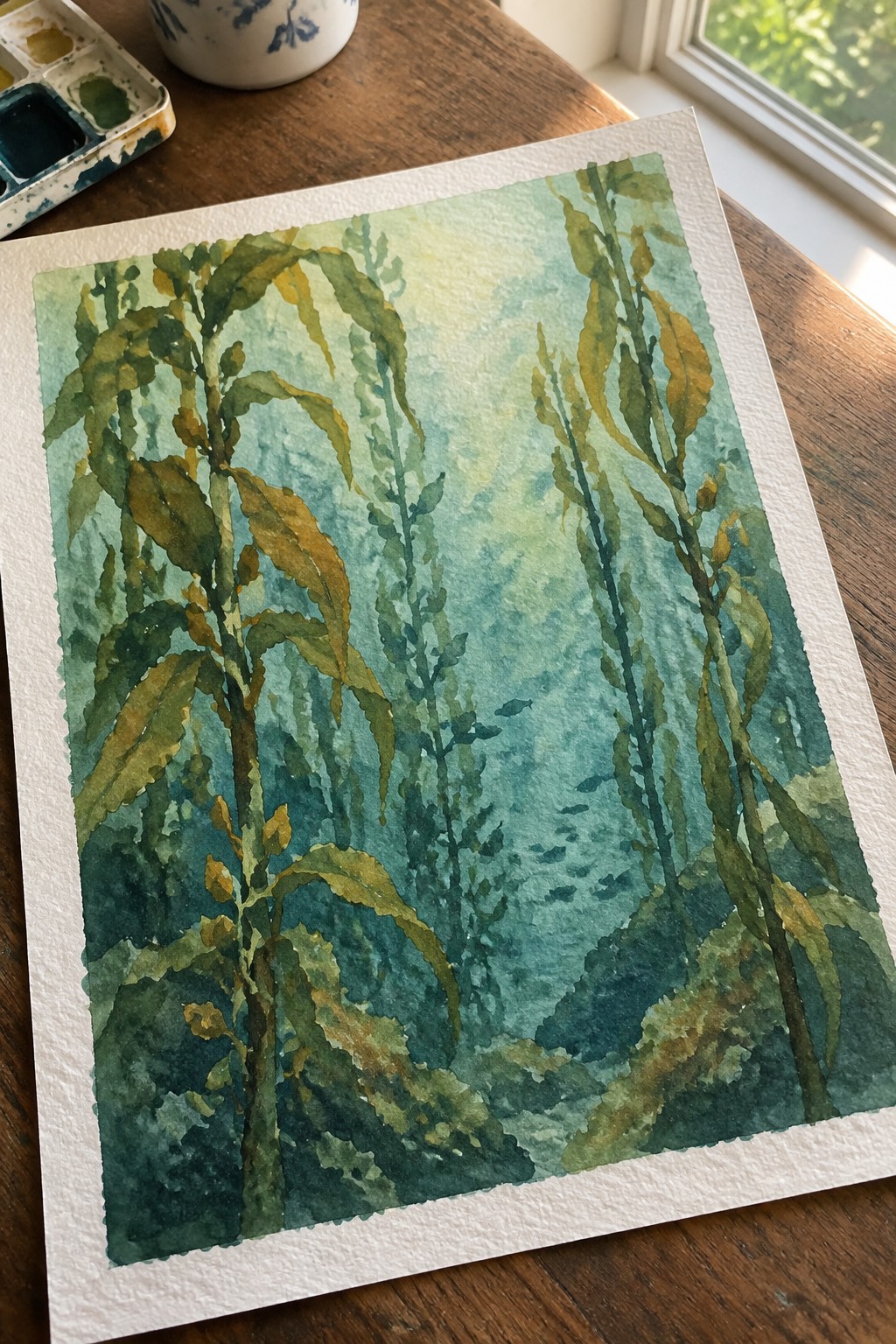 Watercolor of tall green aquatic plants and small fish in blue-green water