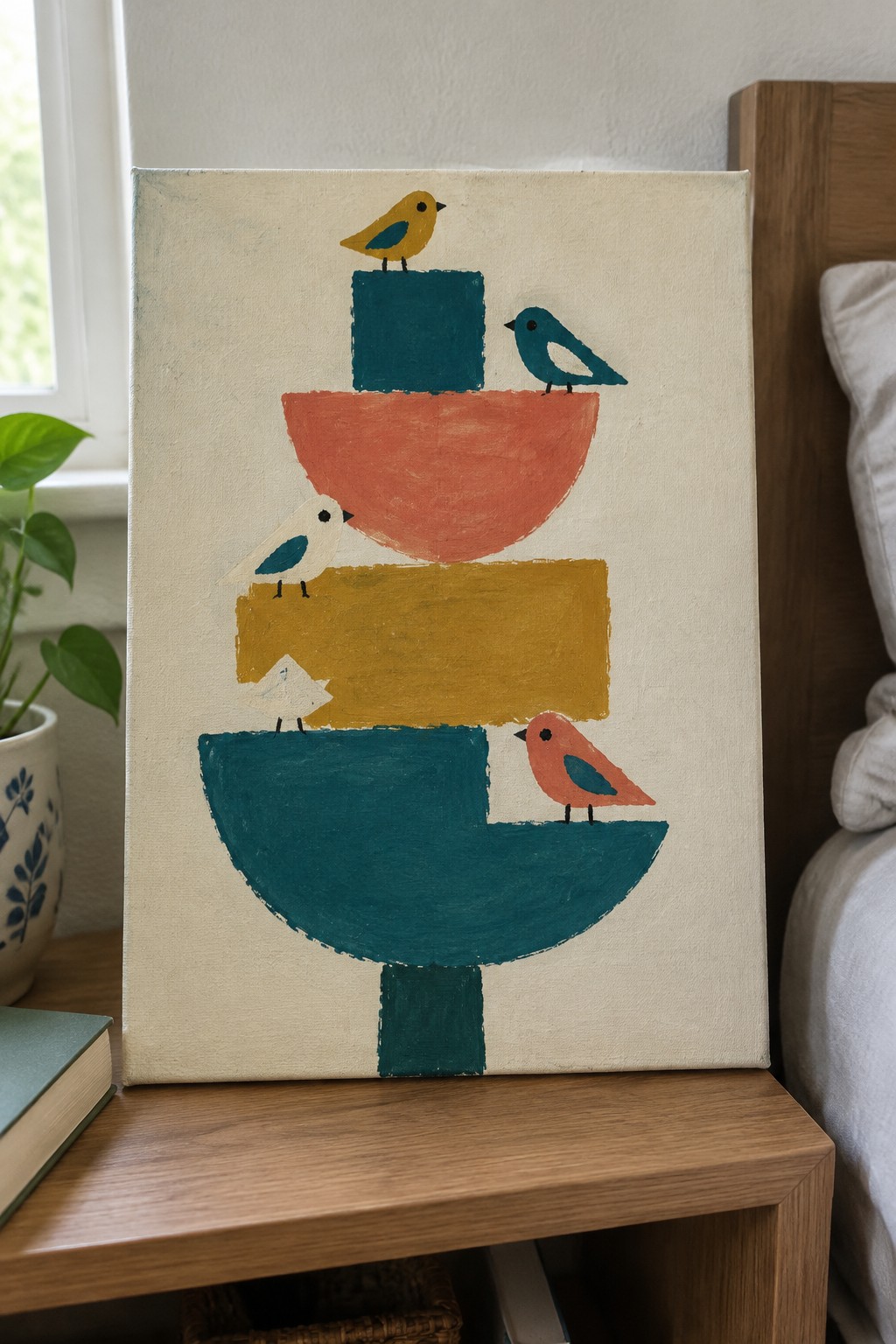 Abstract painting of stacked shapes with four colorful stylized birds perched on top.