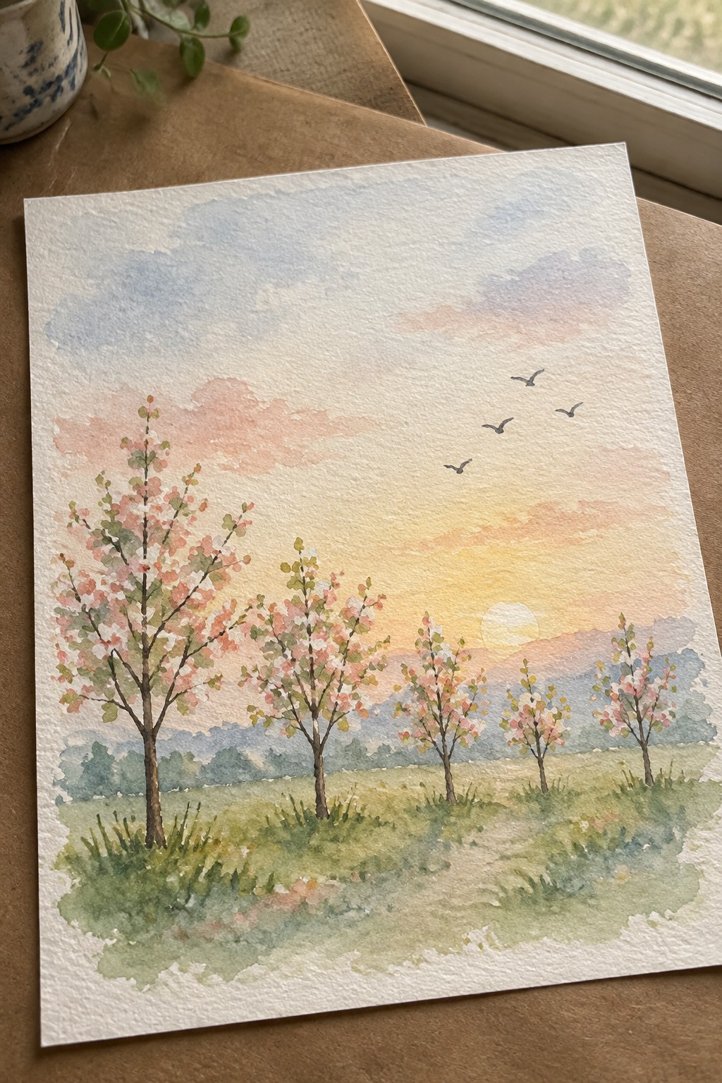 Watercolor of pink-blossomed trees in a sunset meadow with birds and hills