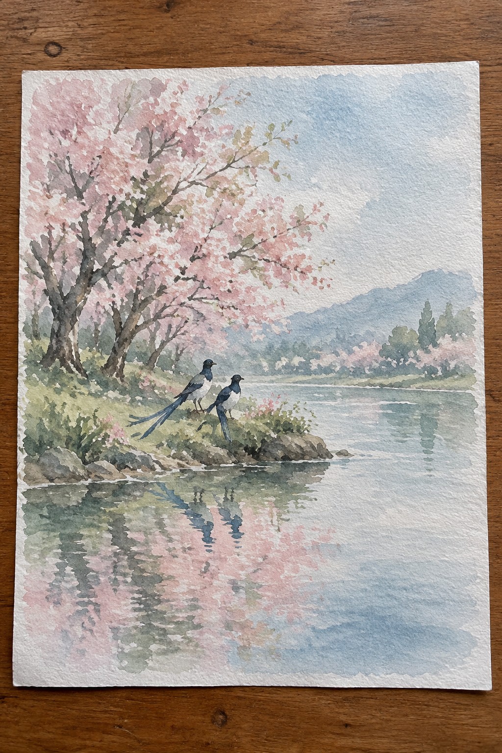 Watercolor of two birds on riverbank amid pink cherry blossoms with mountain reflections