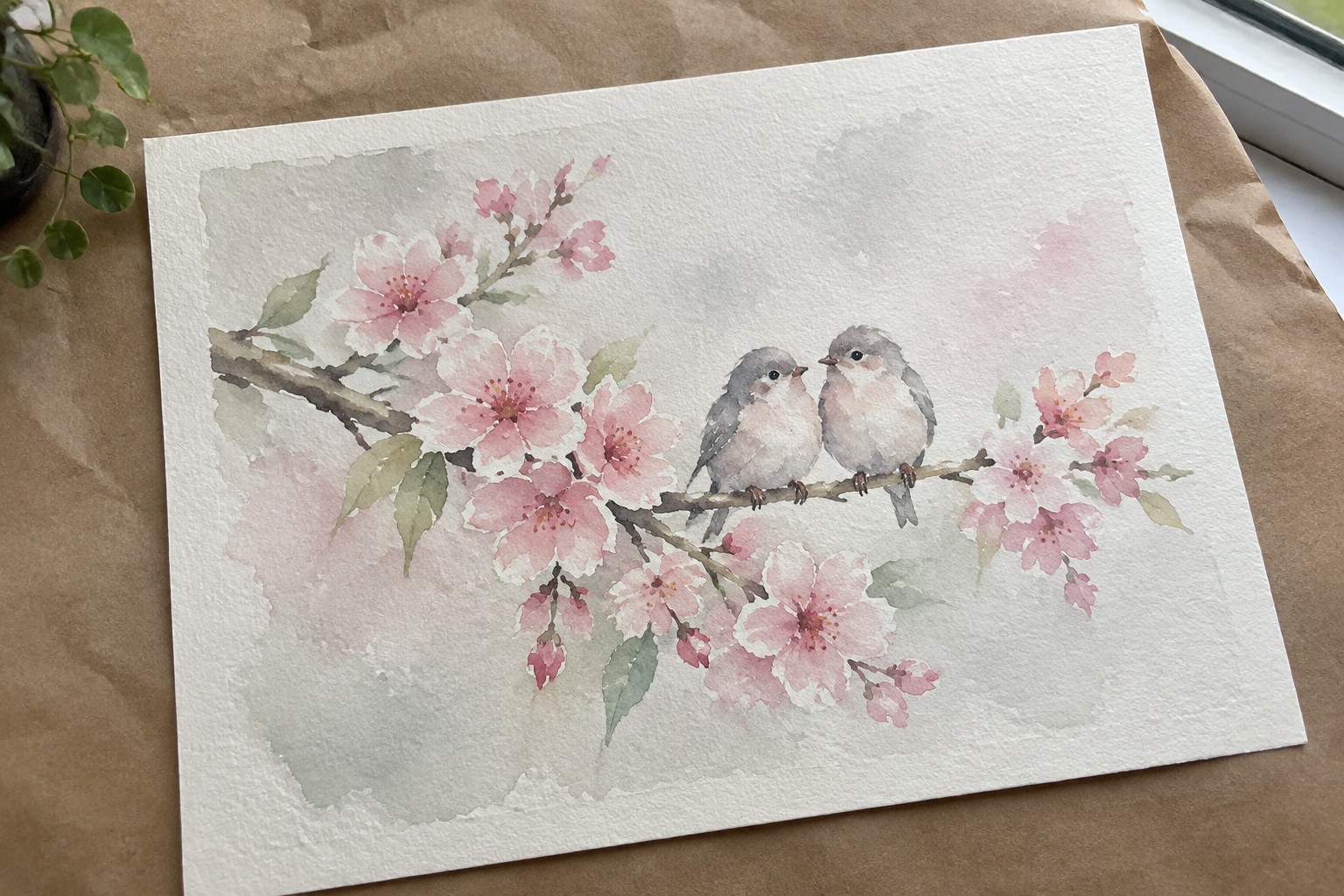 Watercolor painting of two small birds perched on a pink cherry blossom branch.
