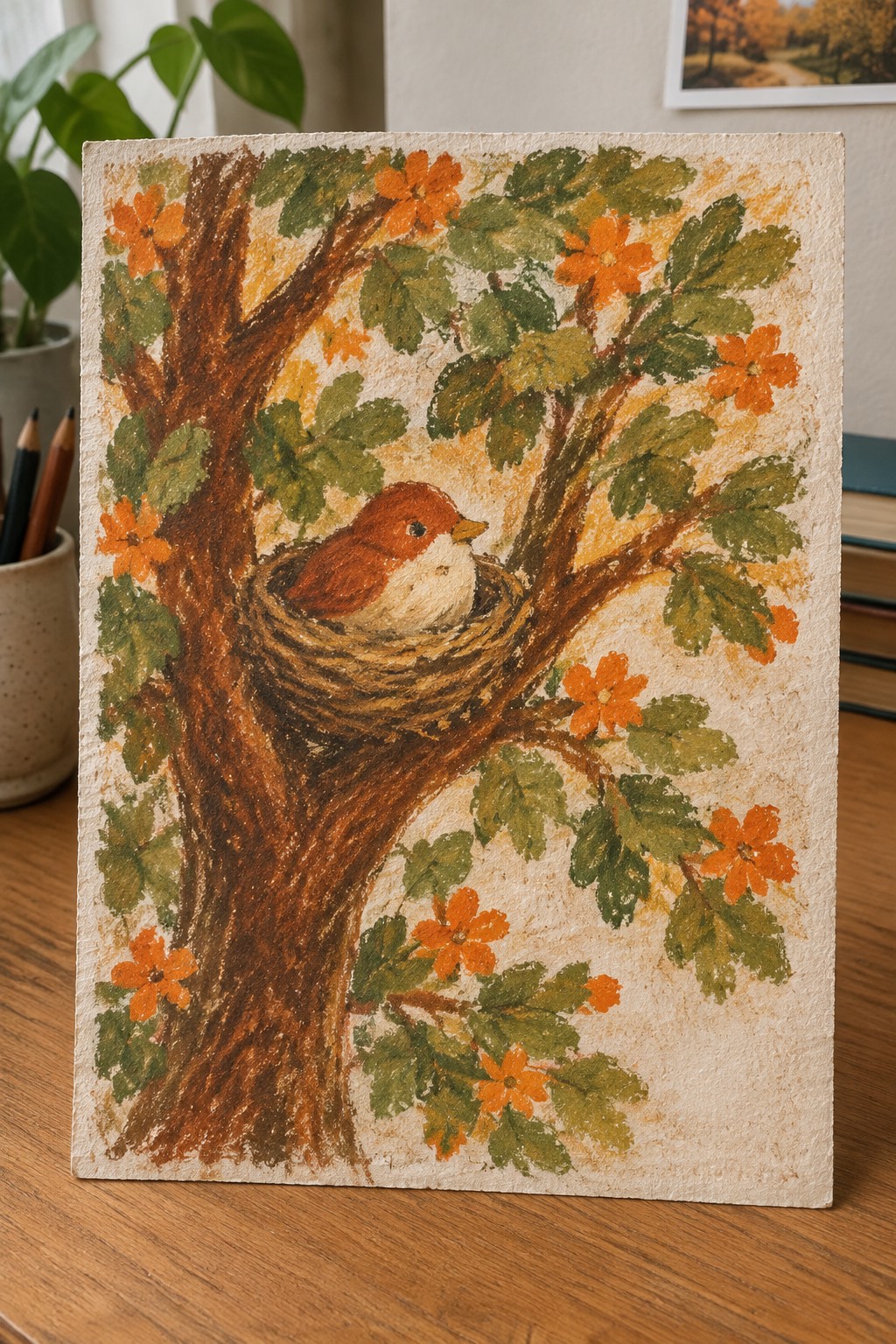 Watercolor of brown bird in nest on tree branch with orange flowers and green leaves.