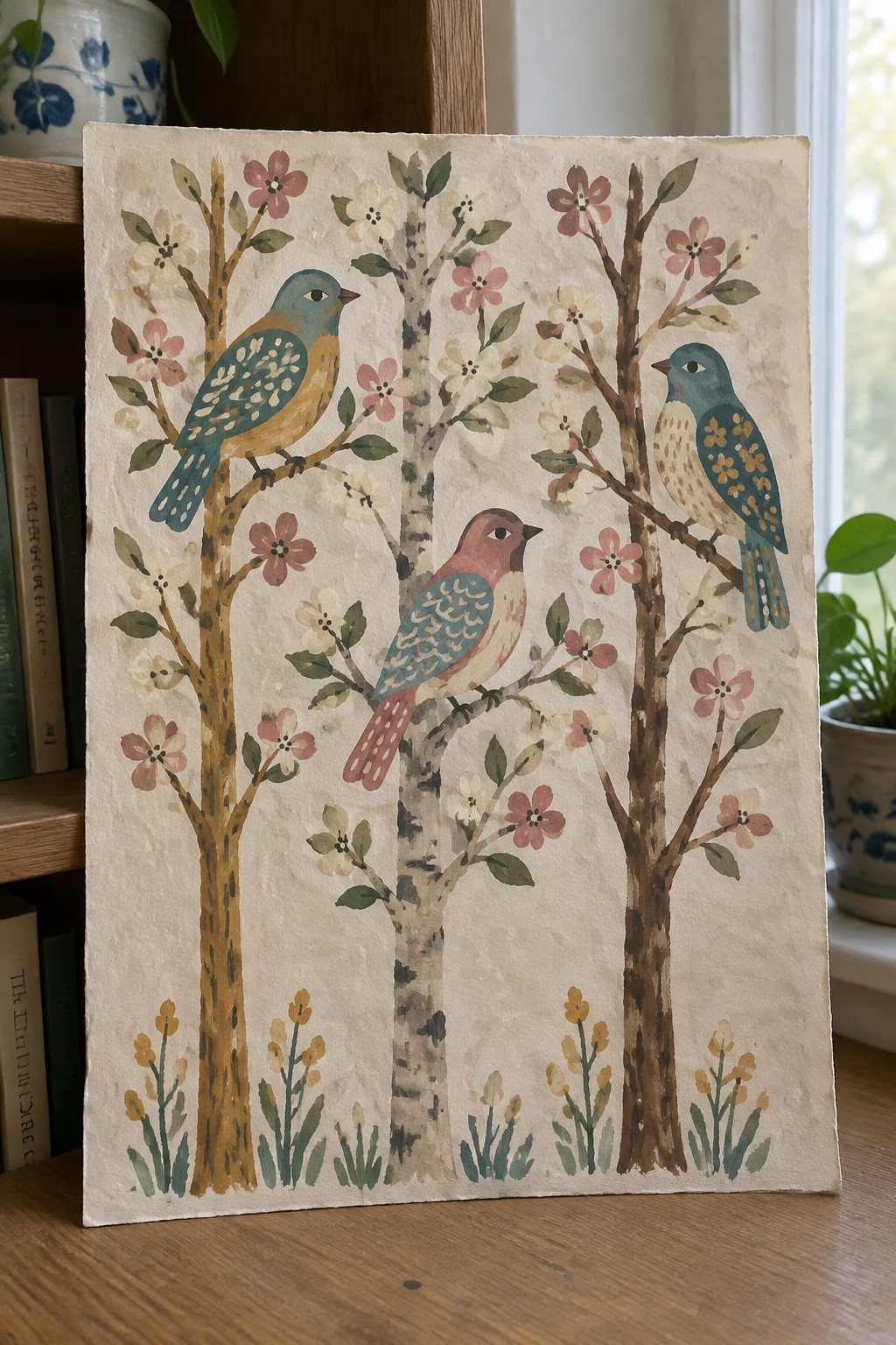 Three colorful birds perch on flowering tree branches in a watercolor painting