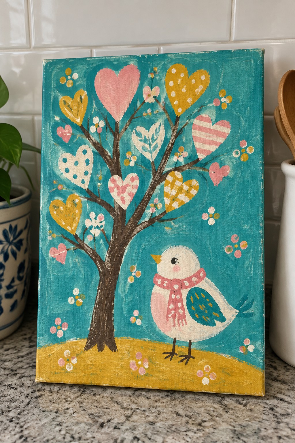 Colorful folk painting of bird with pink scarf under tree with heart leaves