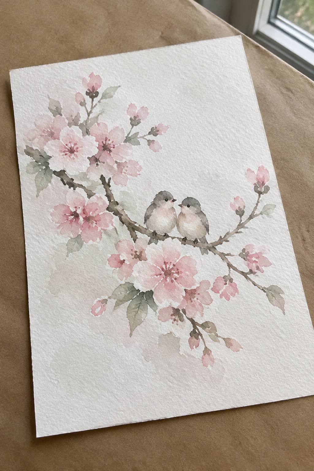 Watercolor painting of two small birds perched on a pink cherry blossom branch.