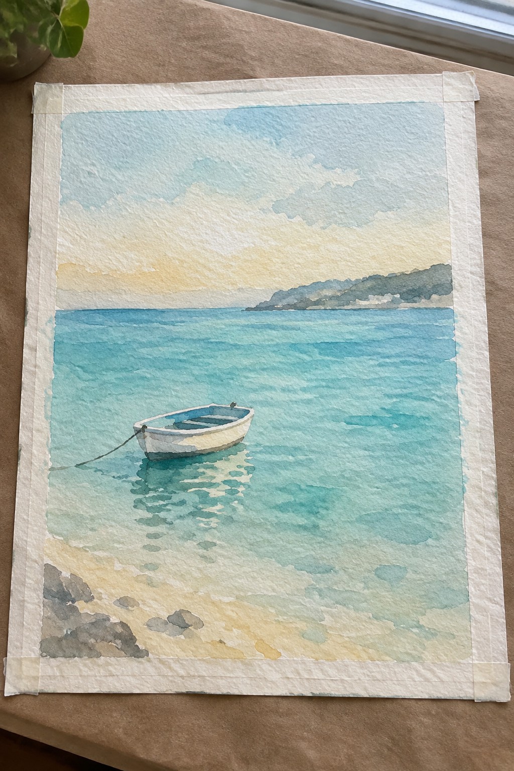 White boat floating in turquoise sea by sandy shore in watercolor seascape with distant hills