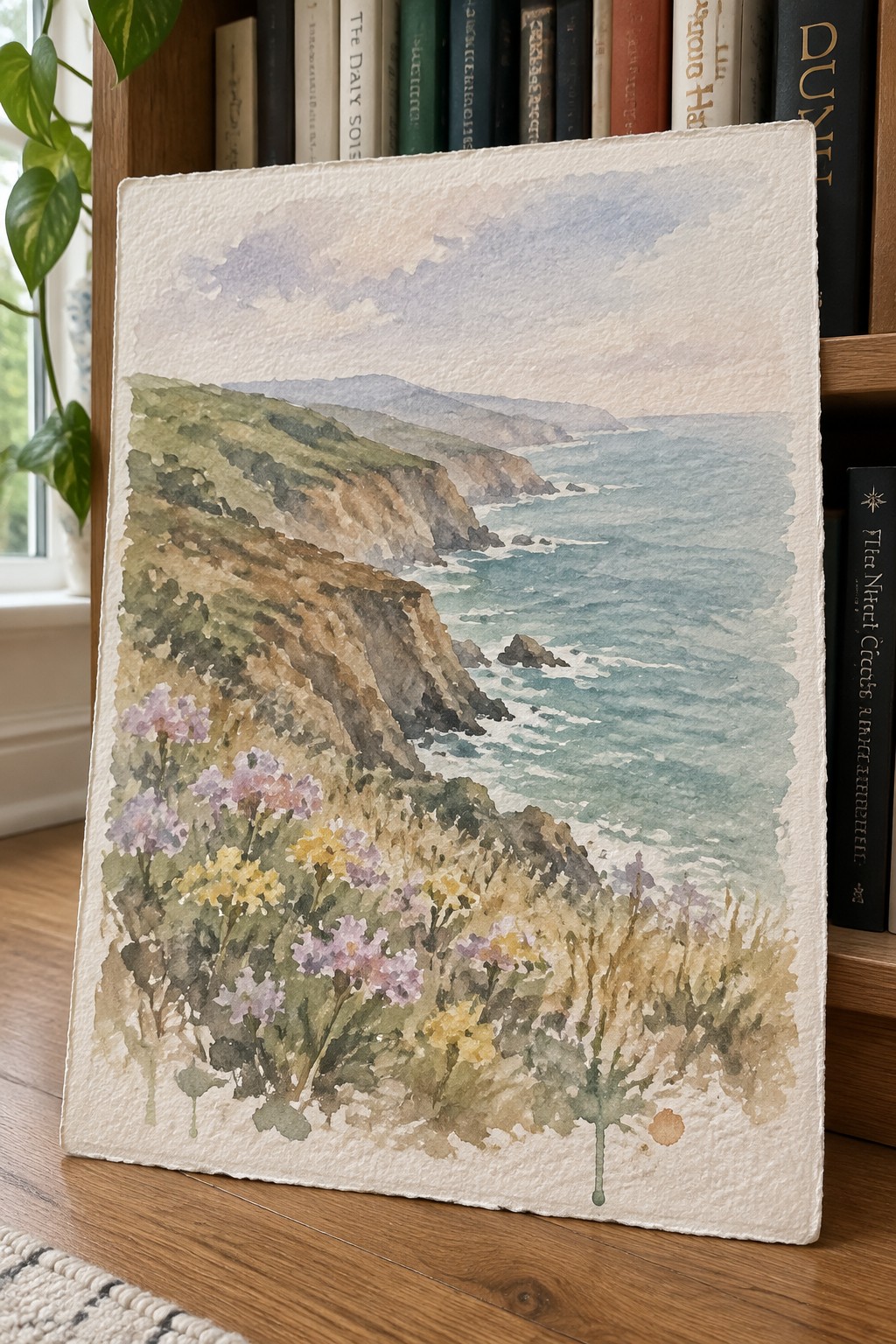 Watercolor painting of cliffs and sea with wildflowers leaning against bookshelf