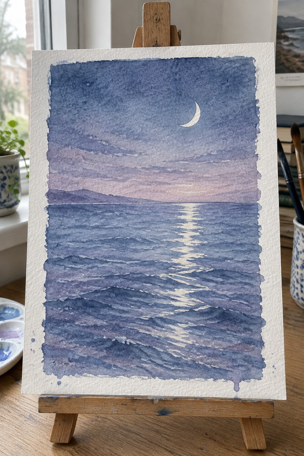 Watercolor seascape on easel with crescent moon, gradient sky, and moonlight on waves