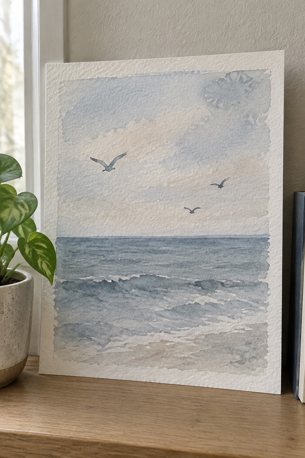 Watercolor seascape of blue ocean waves under cloudy sky with three flying birds beside plant