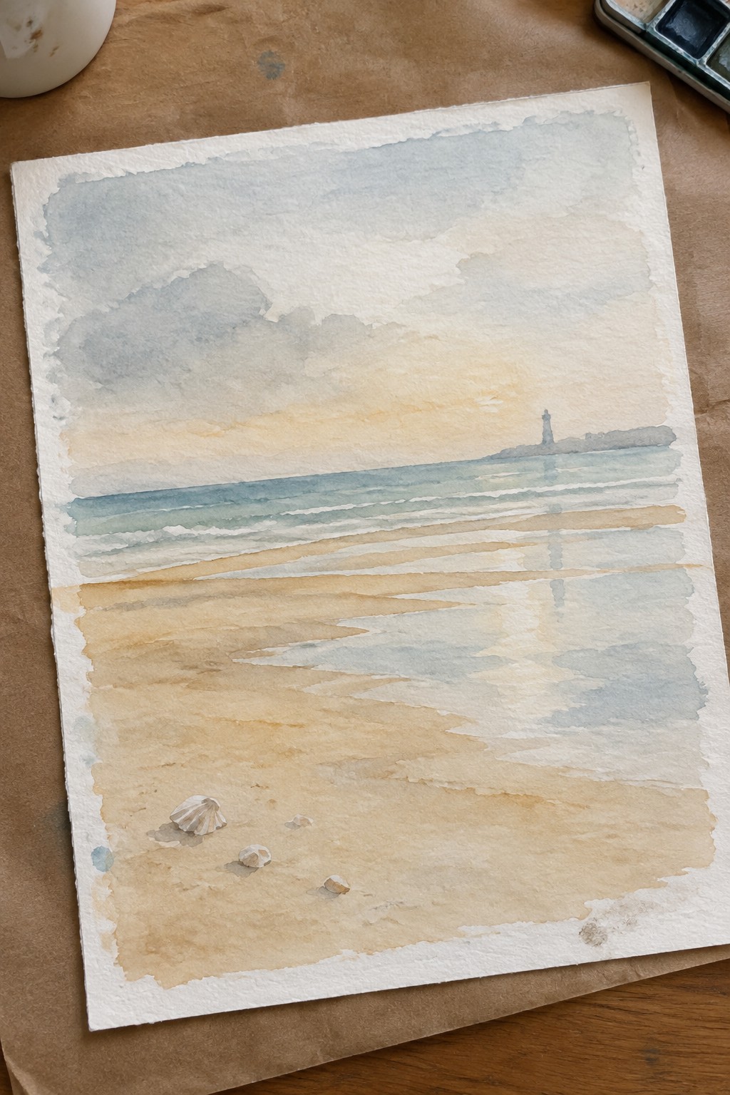 Watercolor beach sunset with lighthouse, turquoise waves, and seashells on golden sand