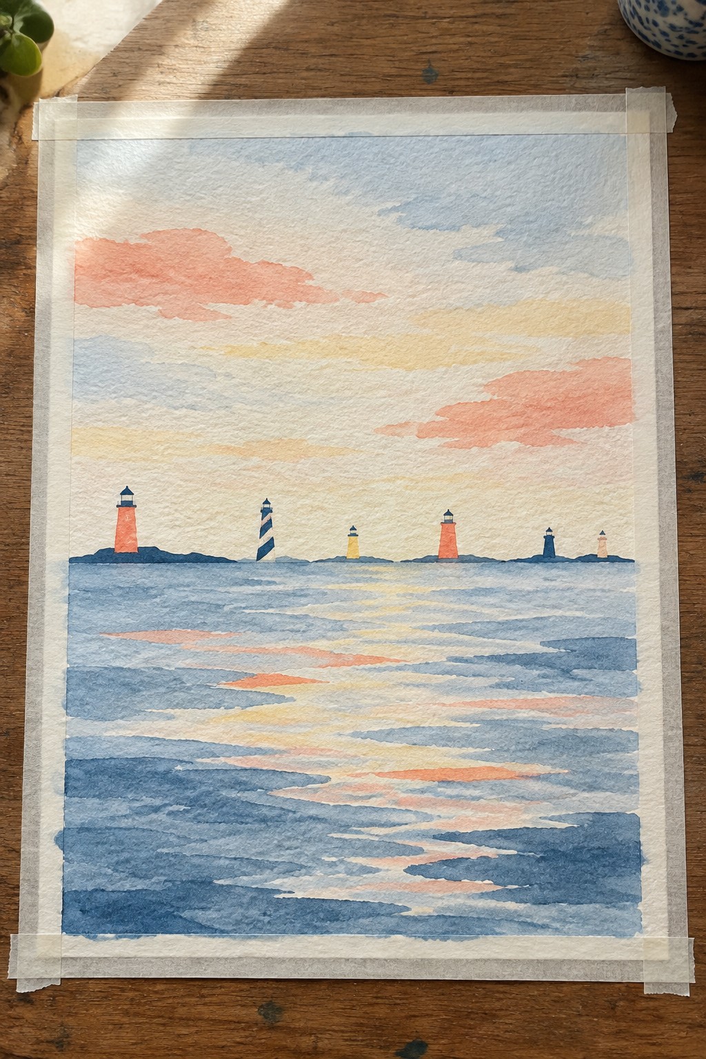 Watercolor painting of six lighthouses in a row on a low horizon above blue water with pink and yellow sky reflections.