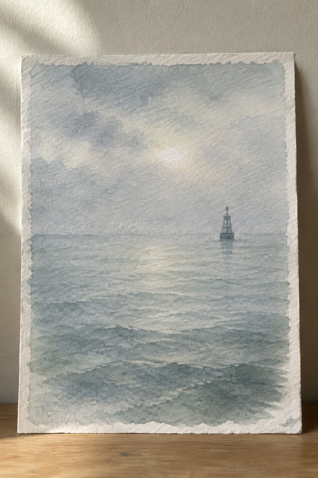 Watercolor seascape of gentle blue waves, distant sea tower, and hazy sunlight through clouds.