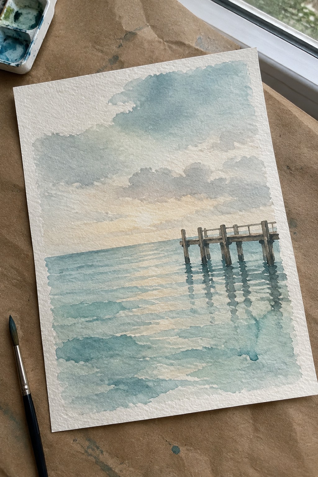 Watercolor painting of wooden pier in calm blue-green sea under cloudy sky with brush and palette.
