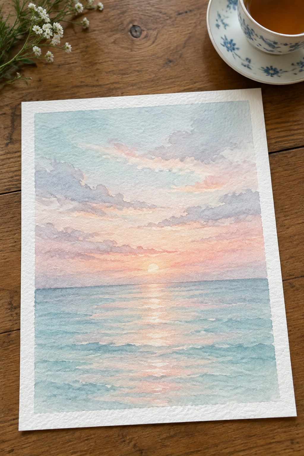 Watercolor sunset painting over ocean beside floral teacup and white flowers on wood