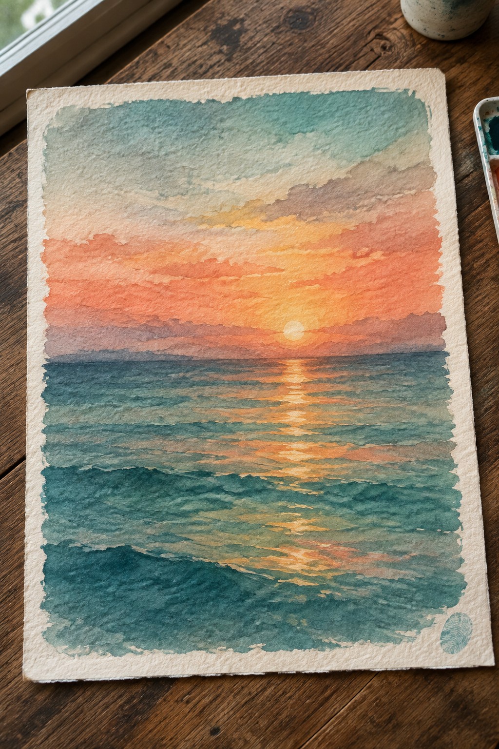 Watercolor sunset over ocean with orange sun, colorful clouds, and teal waves on wood table