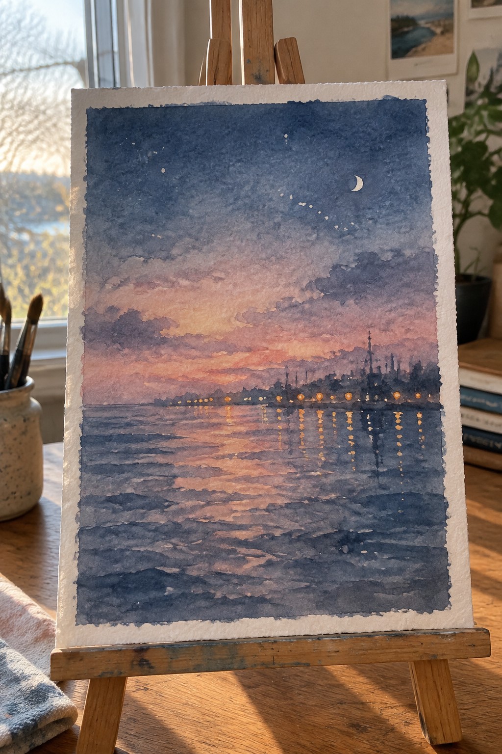 Watercolor painting on easel of twilight city lights reflecting on water beneath crescent moon and stars.