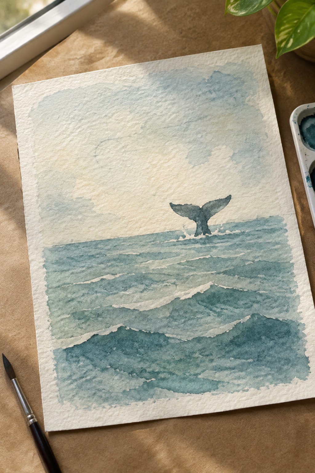 Watercolor painting of whale tail in blue ocean waves with paintbrush and palette nearby