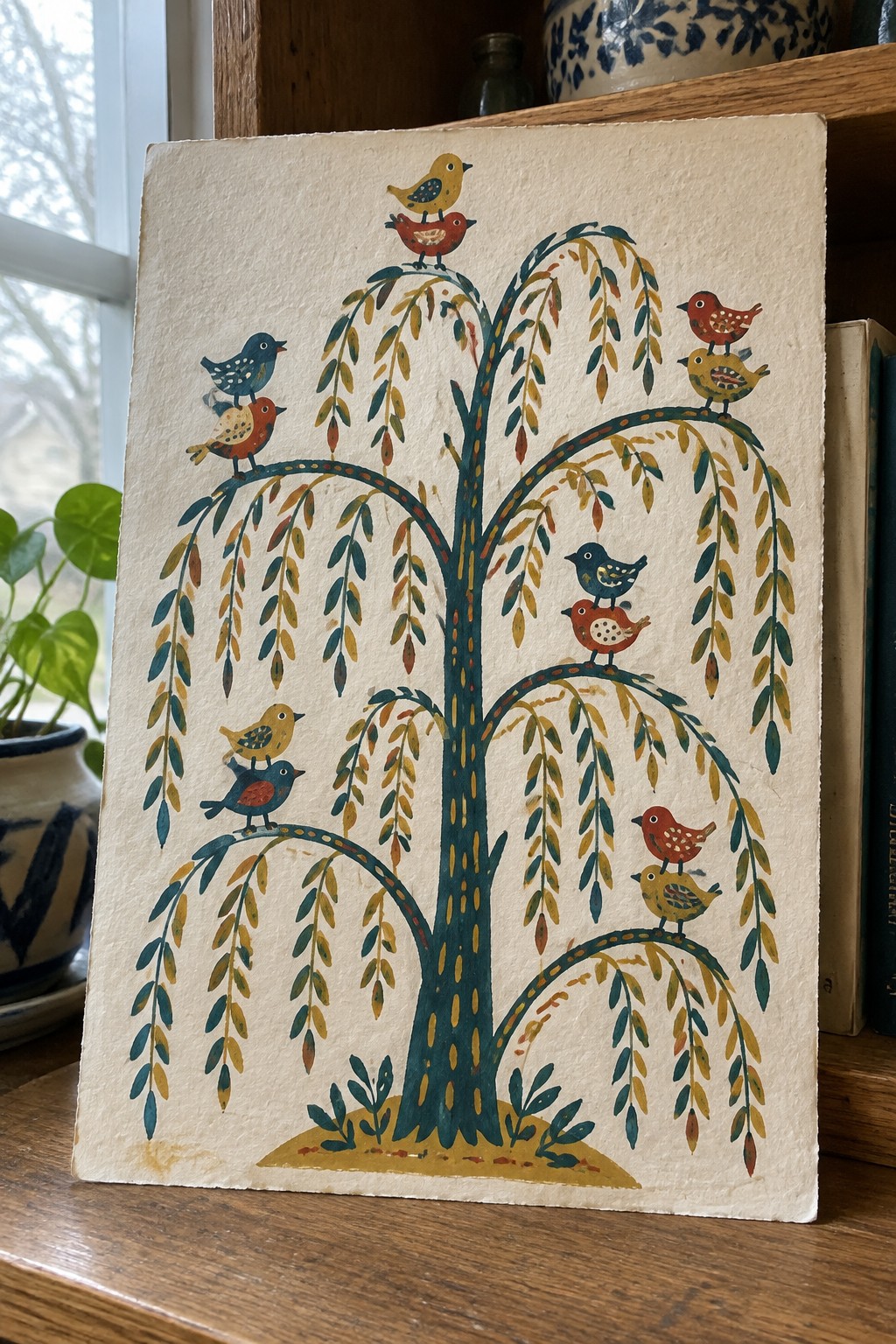 Folk art watercolor of a tree with eight colorful birds perched on drooping branches