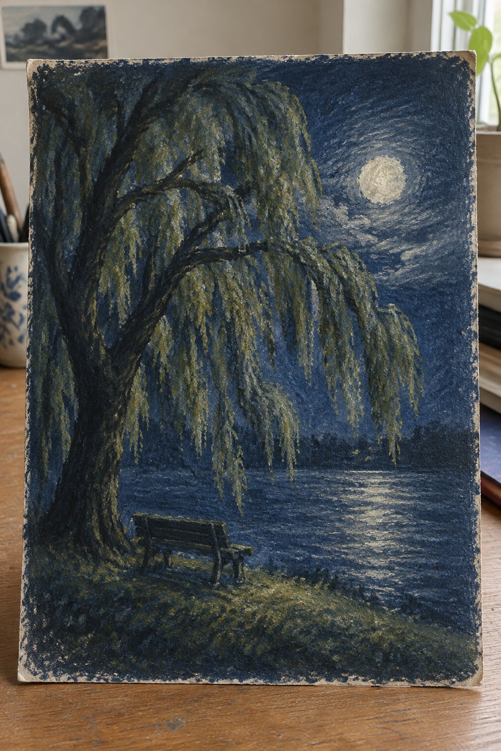Weeping willow tree with bench by moonlit lake under dark blue night sky