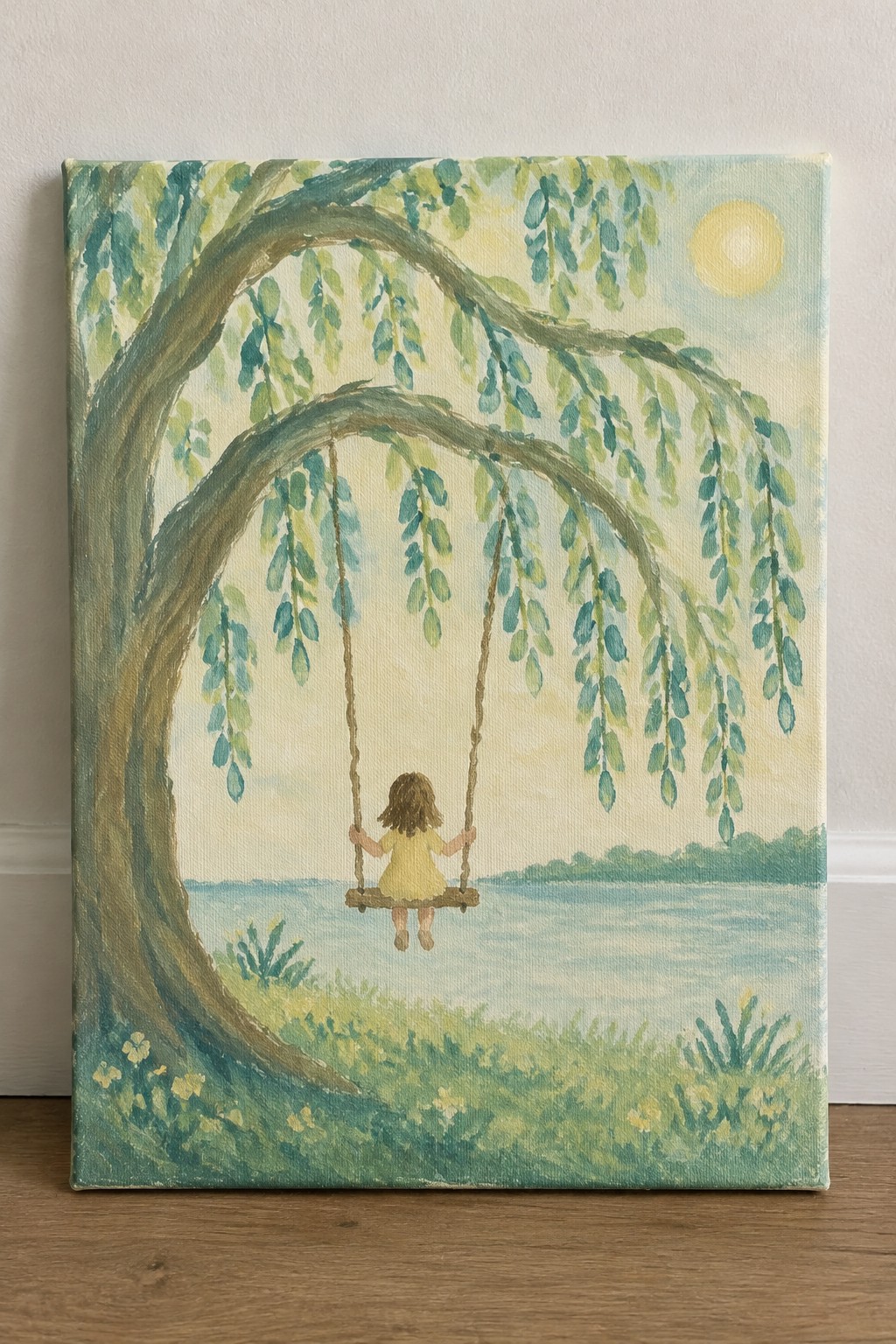 Child in yellow dress swings from tree by lake in soft watercolor painting