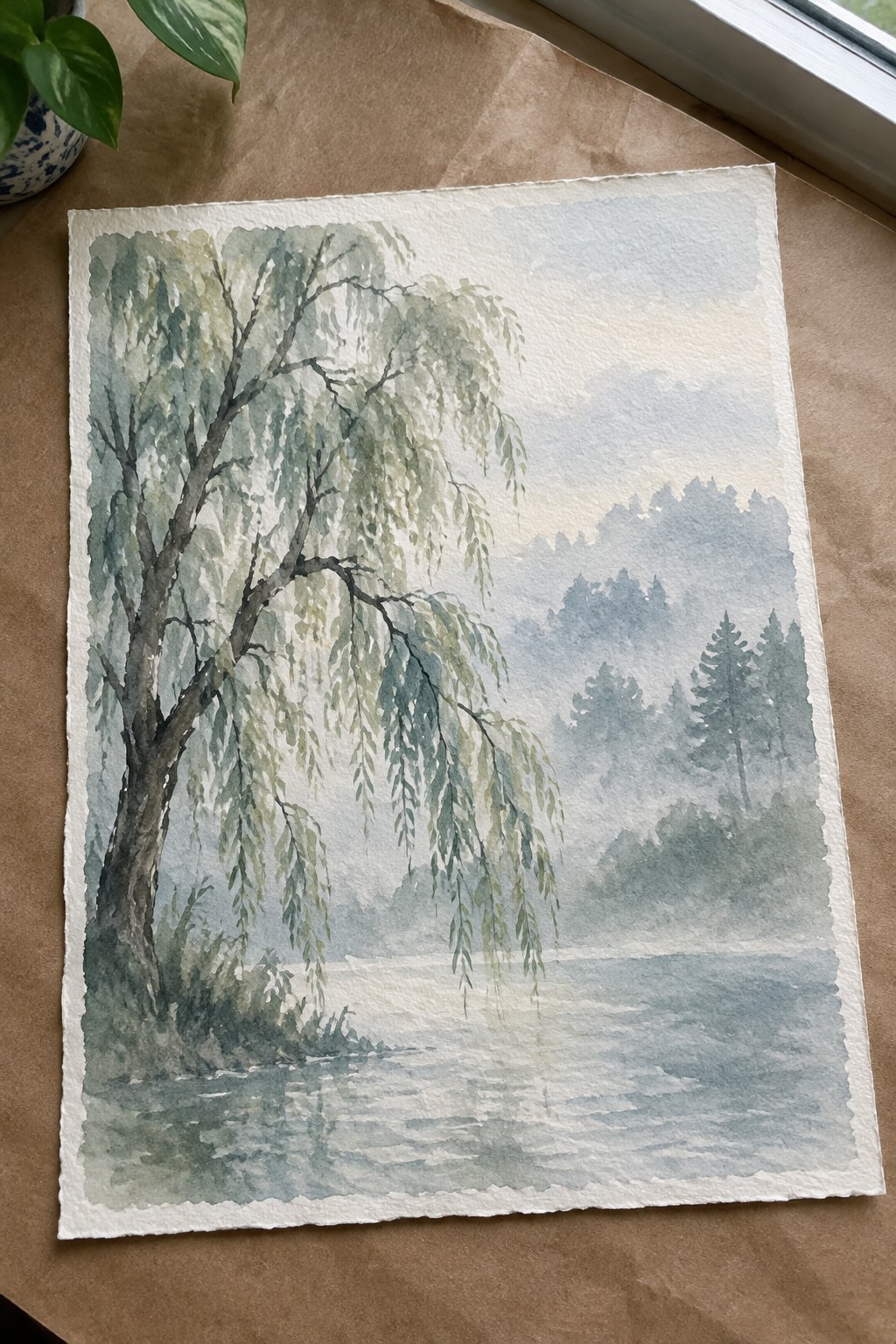 Watercolor painting of weeping willow by misty lake with forested hills.