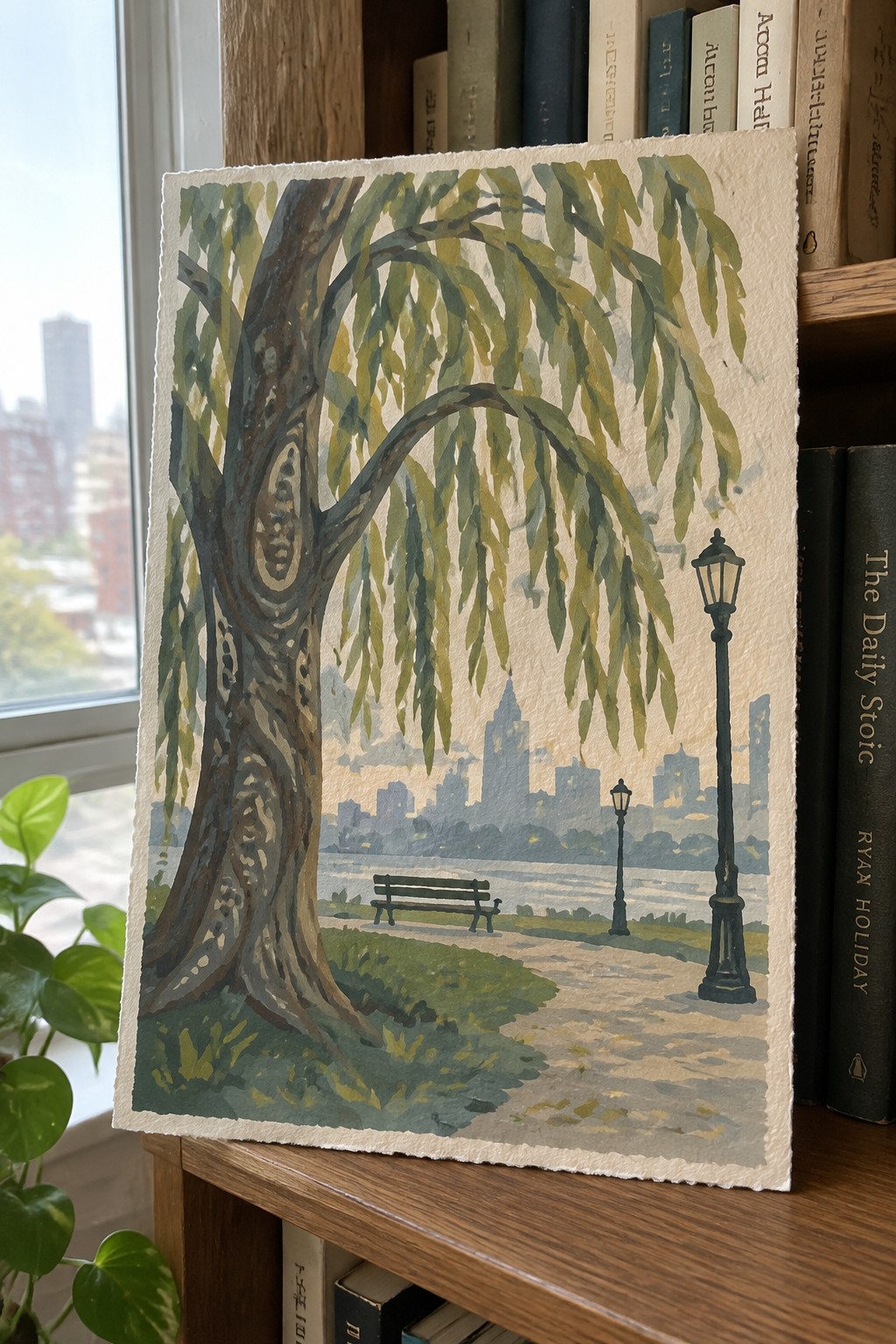 Watercolor of weeping willow by park path with bench, lampposts and city skyline on bookshelf