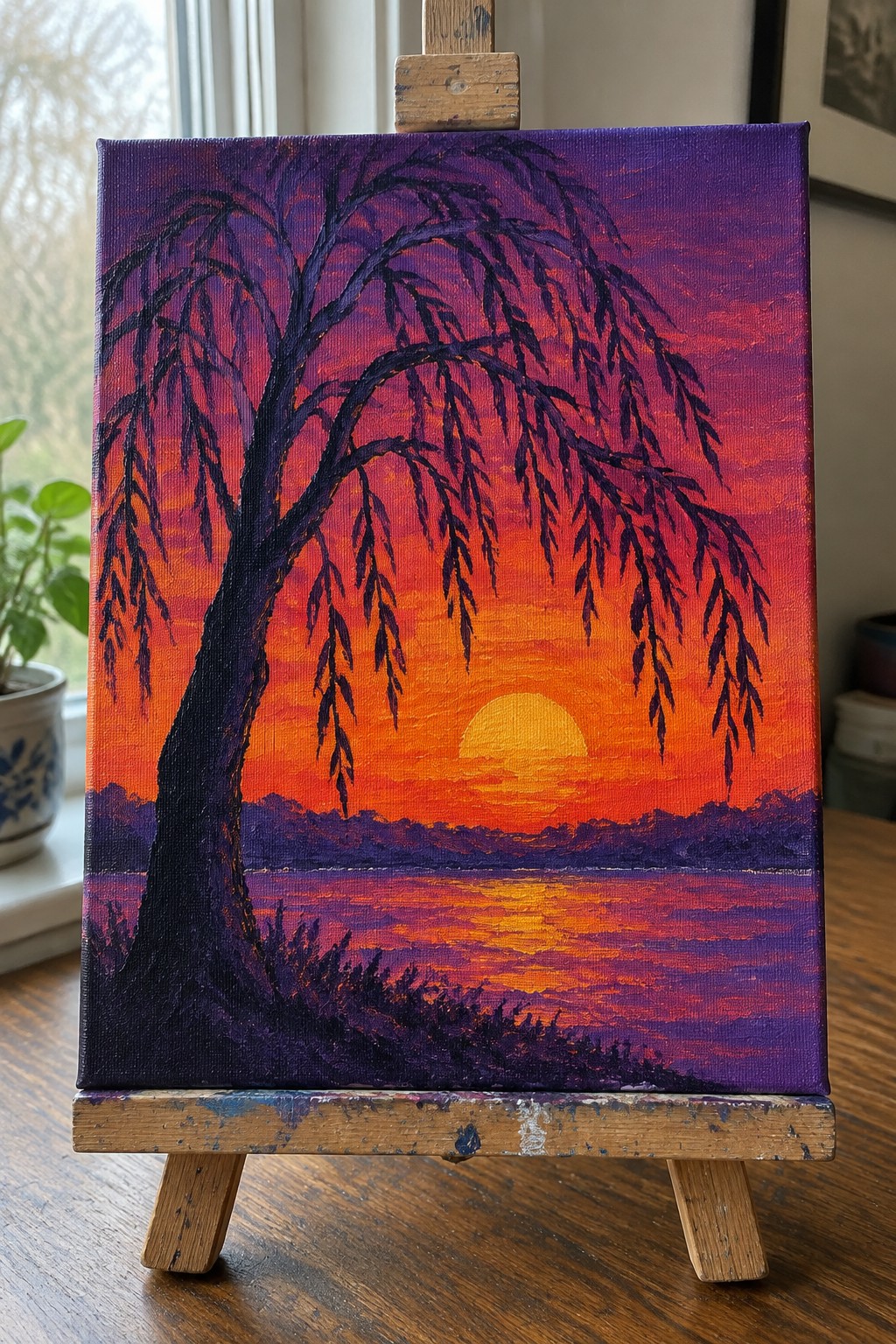Vibrant sunset painting with dark weeping willow over reflective orange water on easel