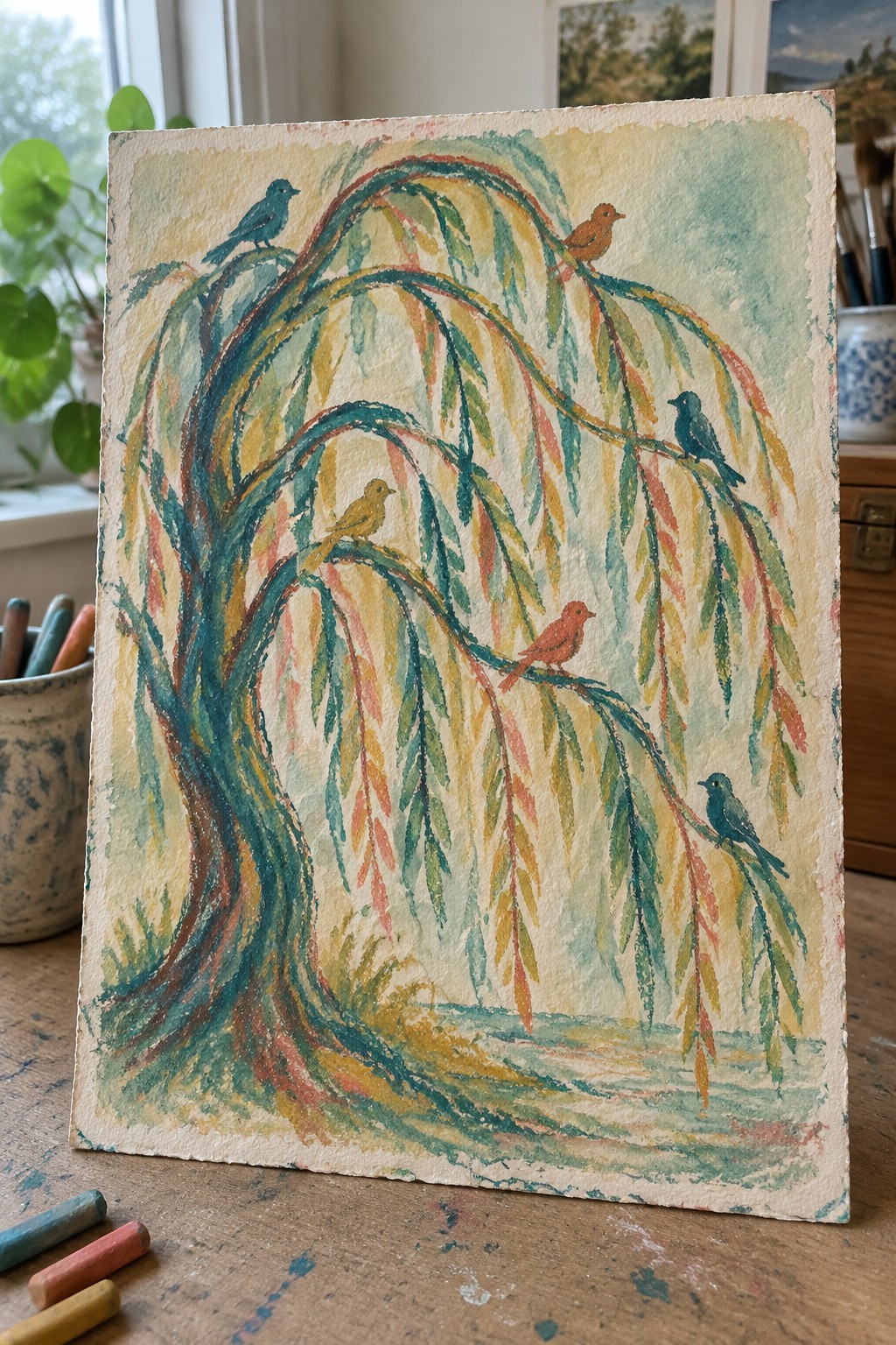 A watercolor painting of a willow tree with five colorful birds perched on its drooping branches.