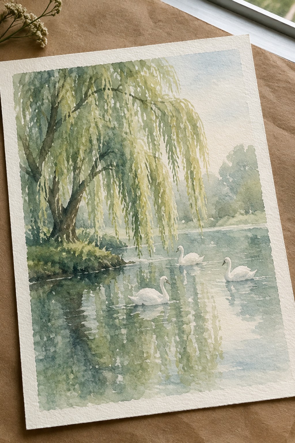 Watercolor of three white swans on a reflective lake beneath a weeping willow tree