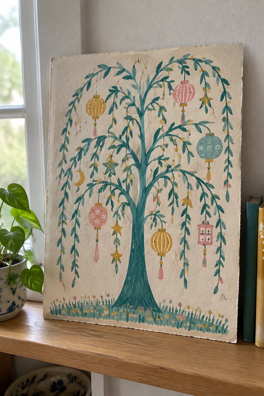 Watercolor tree painting with colorful lanterns, stars, and moon on wooden shelf.