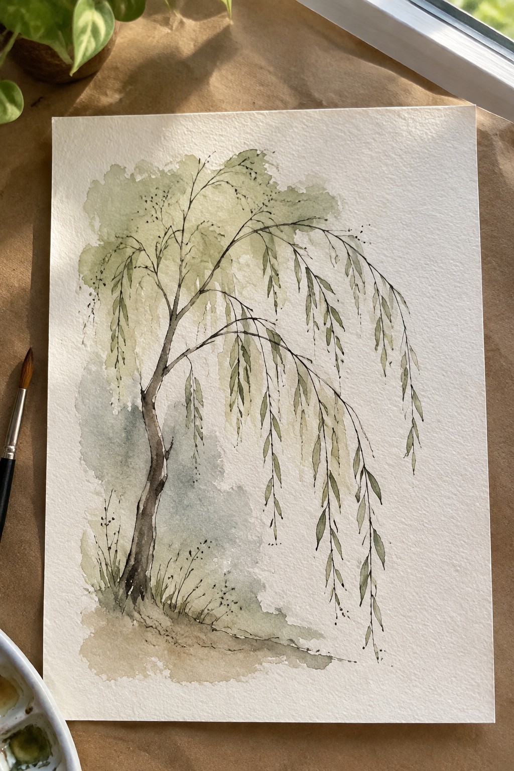 Watercolor painting of weeping willow tree on paper beside paintbrush and palette