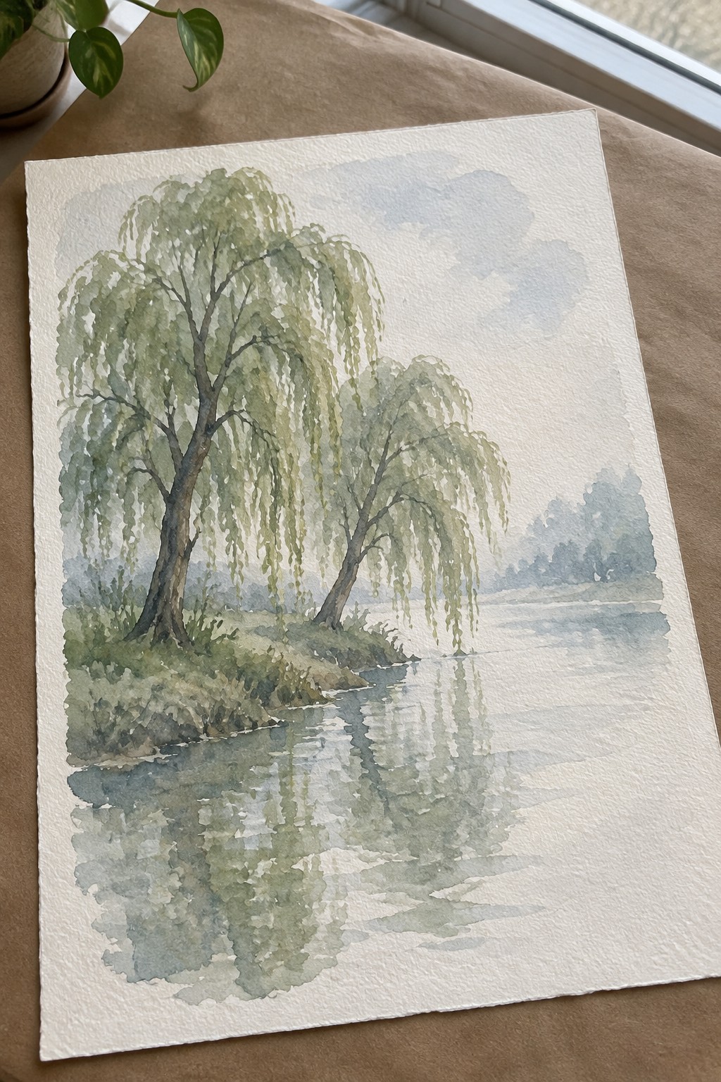 A watercolor painting of two willow trees beside a river with reflections and a soft misty background.