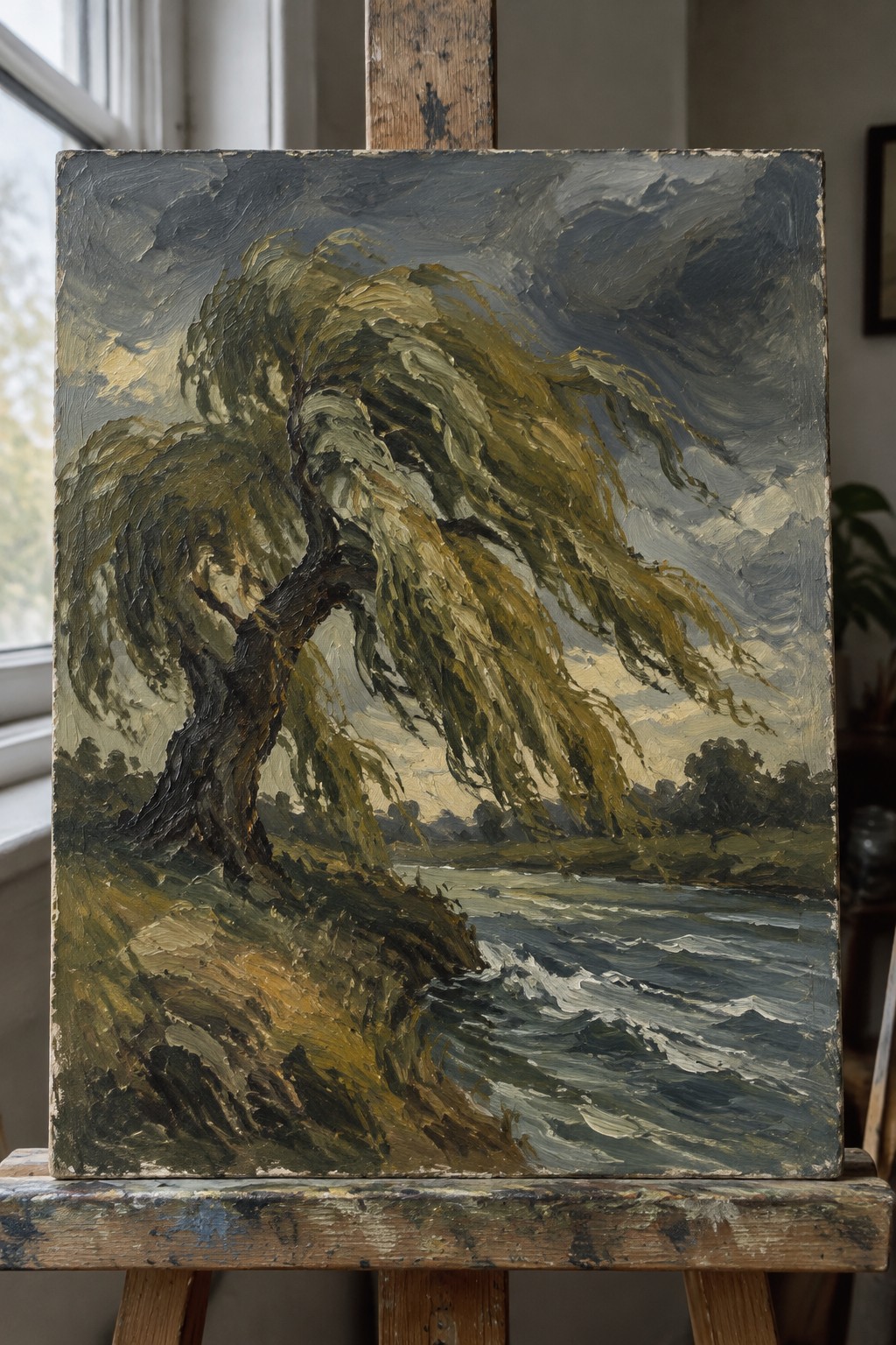 Impasto oil painting of windswept willow over turbulent waves on wooden easel.