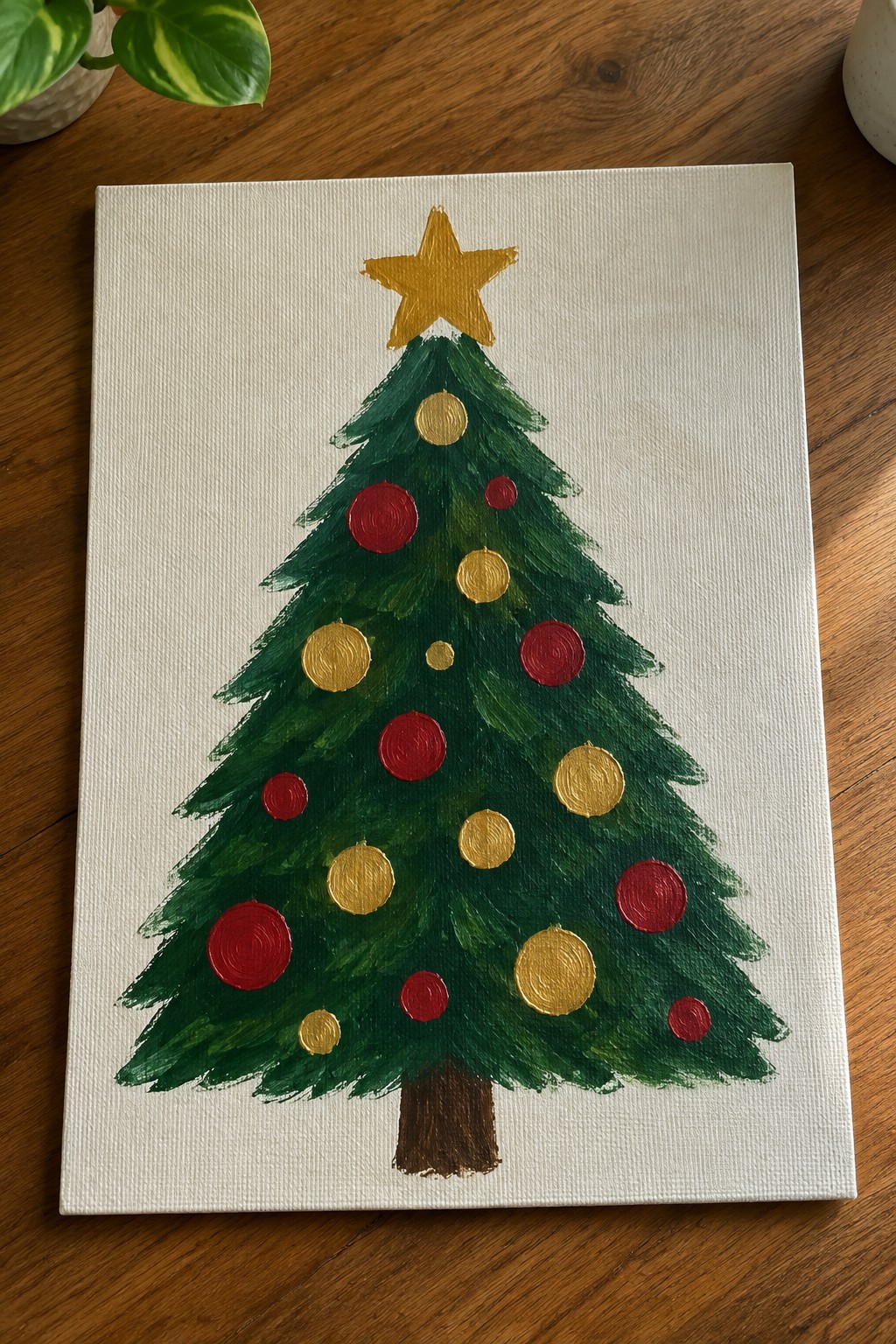 Green Christmas tree painting with gold star and red gold baubles on canvas