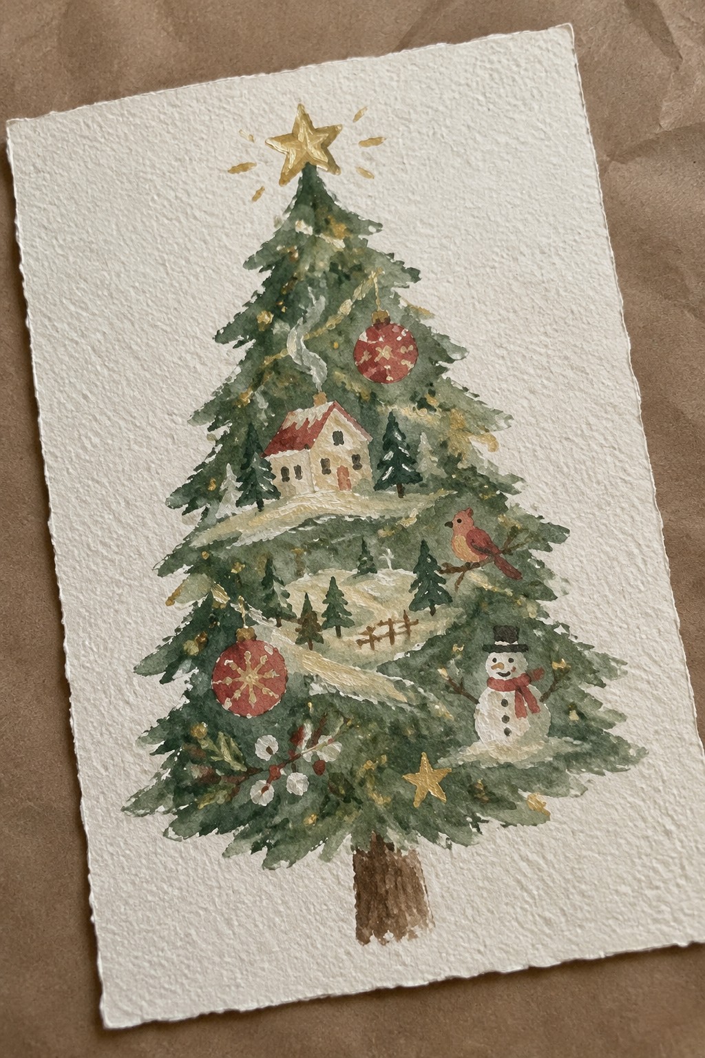 Watercolor of a decorated Christmas tree with red ornaments, snowman, bird, and golden star.