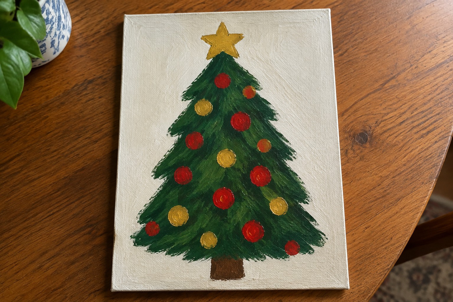 Green Christmas tree painting with gold star and red gold baubles on canvas