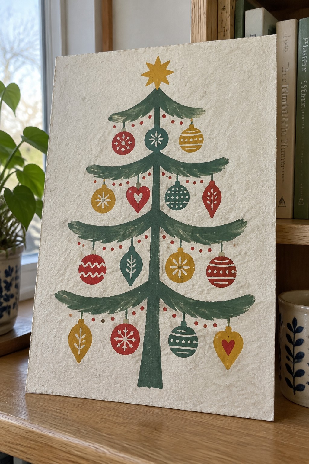 Hand-painted Christmas tree with colorful ornaments and yellow star on textured paper