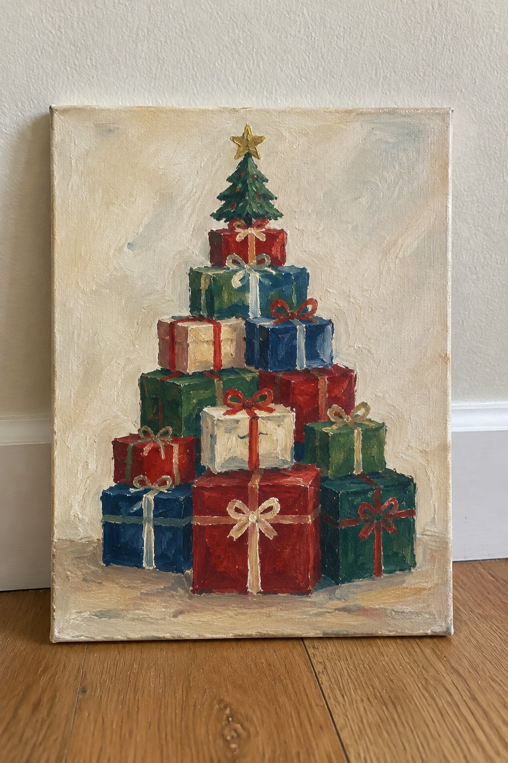 Oil painting of stacked gift boxes forming a Christmas tree with star topper