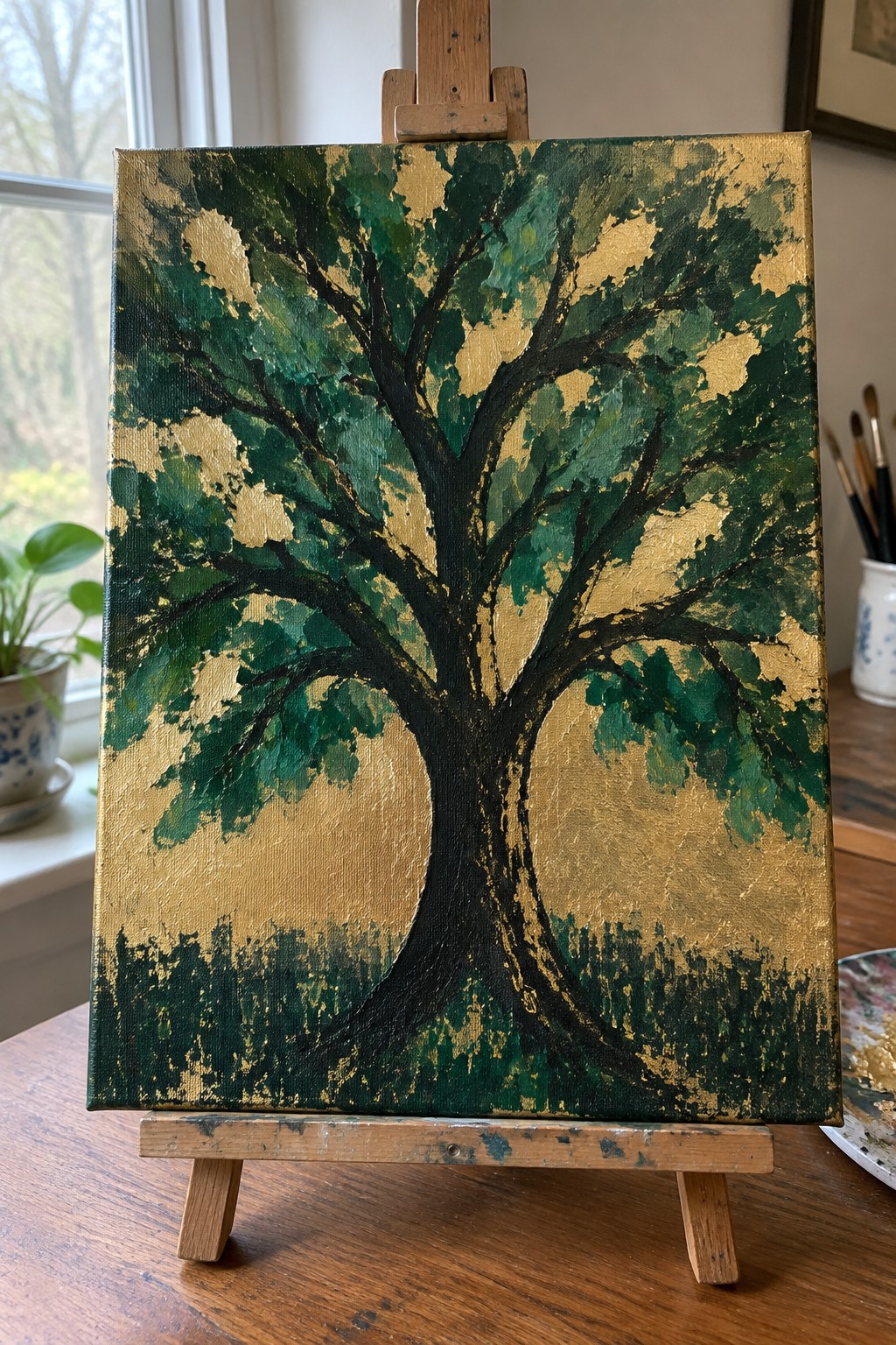 A painting of a tree with dark trunk and green leaves on a gold background displayed on a wooden easel.