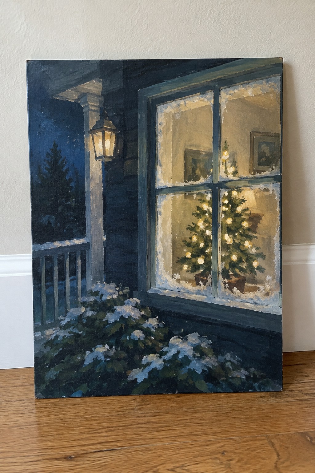 Nighttime painting of snow-dusted window framing glowing Christmas tree inside dark house.