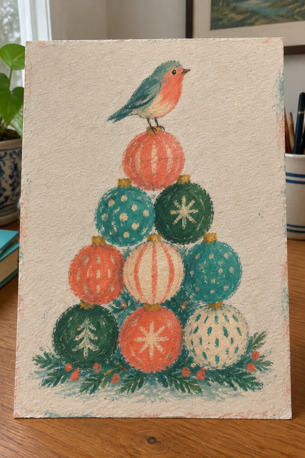 Watercolor of stacked Christmas ornaments forming a tree with a perched bird on top