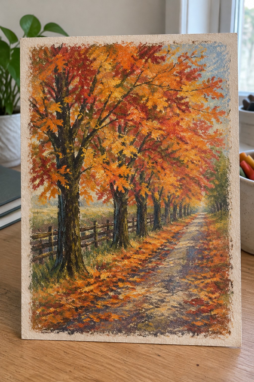 Vibrant pastel painting of colorful autumn trees lining a leaf-covered path with fence.