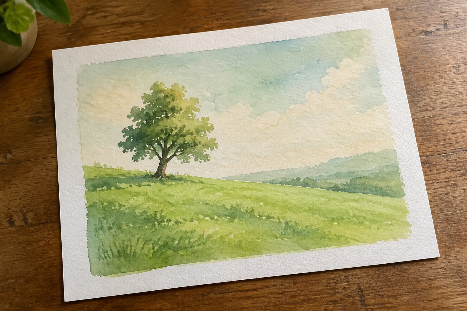 Watercolor of lone tree on rolling green hills under soft blue cloudy sky