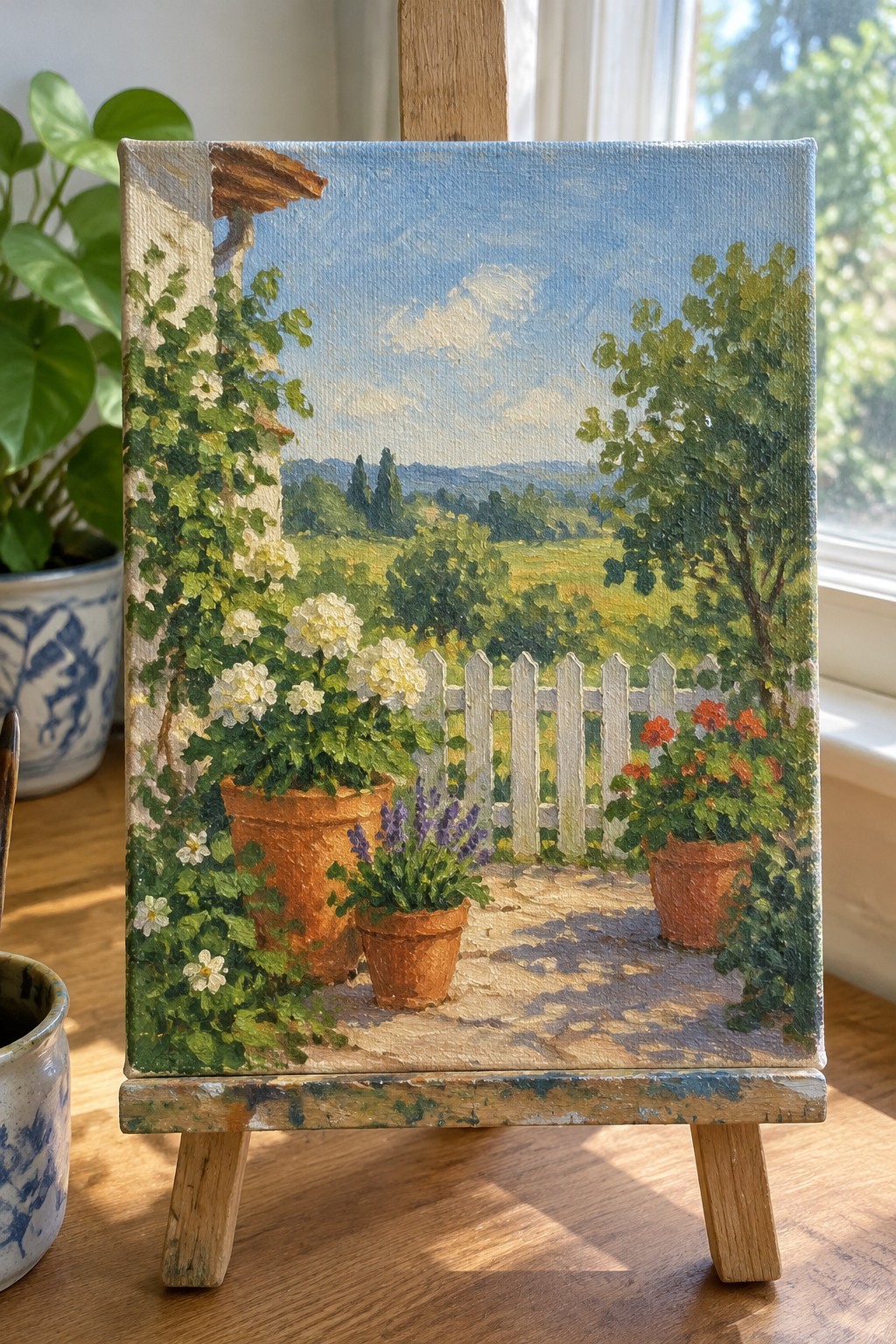 Colorful oil painting on easel of garden patio with potted flowers and white fence