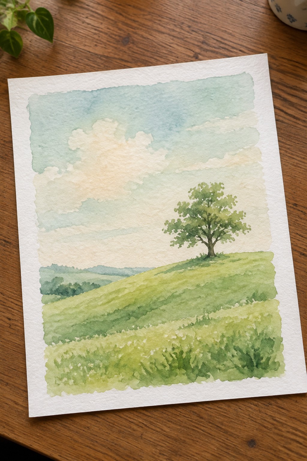 Watercolor of lone tree on rolling green hills under soft blue cloudy sky