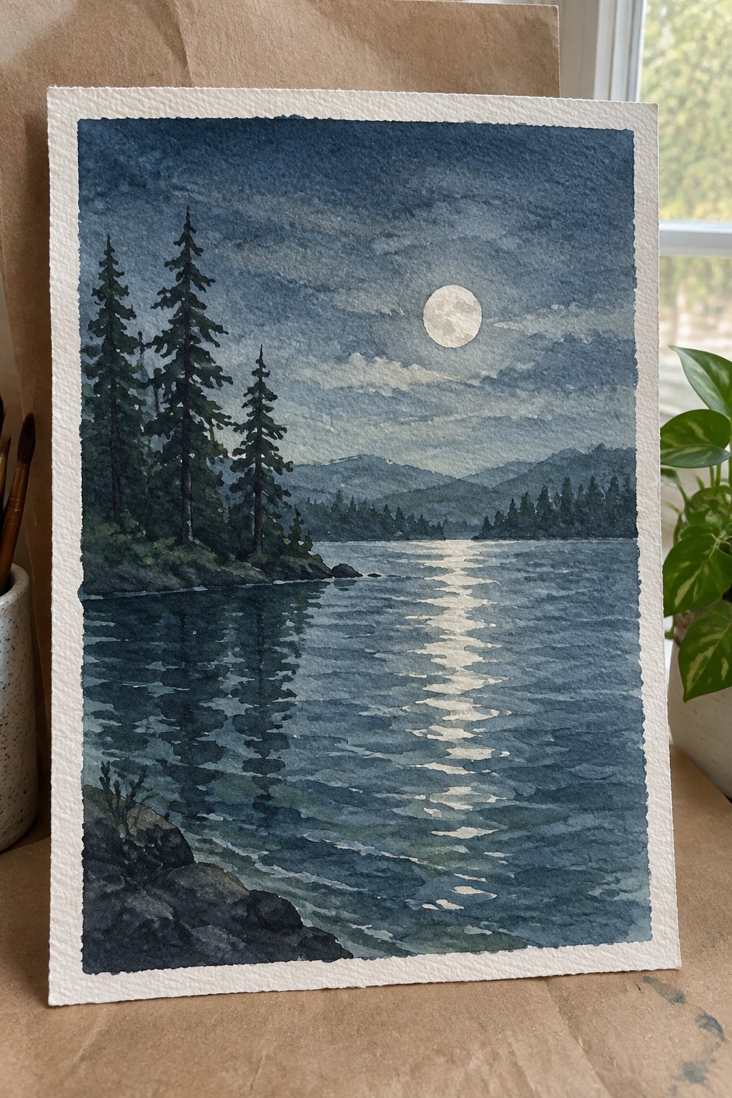 Watercolor night landscape of full moon reflecting on lake with pine trees and mountains