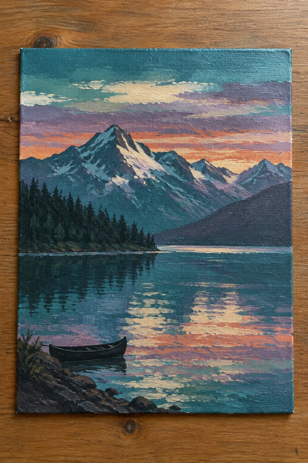 Sunset painting of snow-capped mountains reflected in a calm lake with a canoe on shore