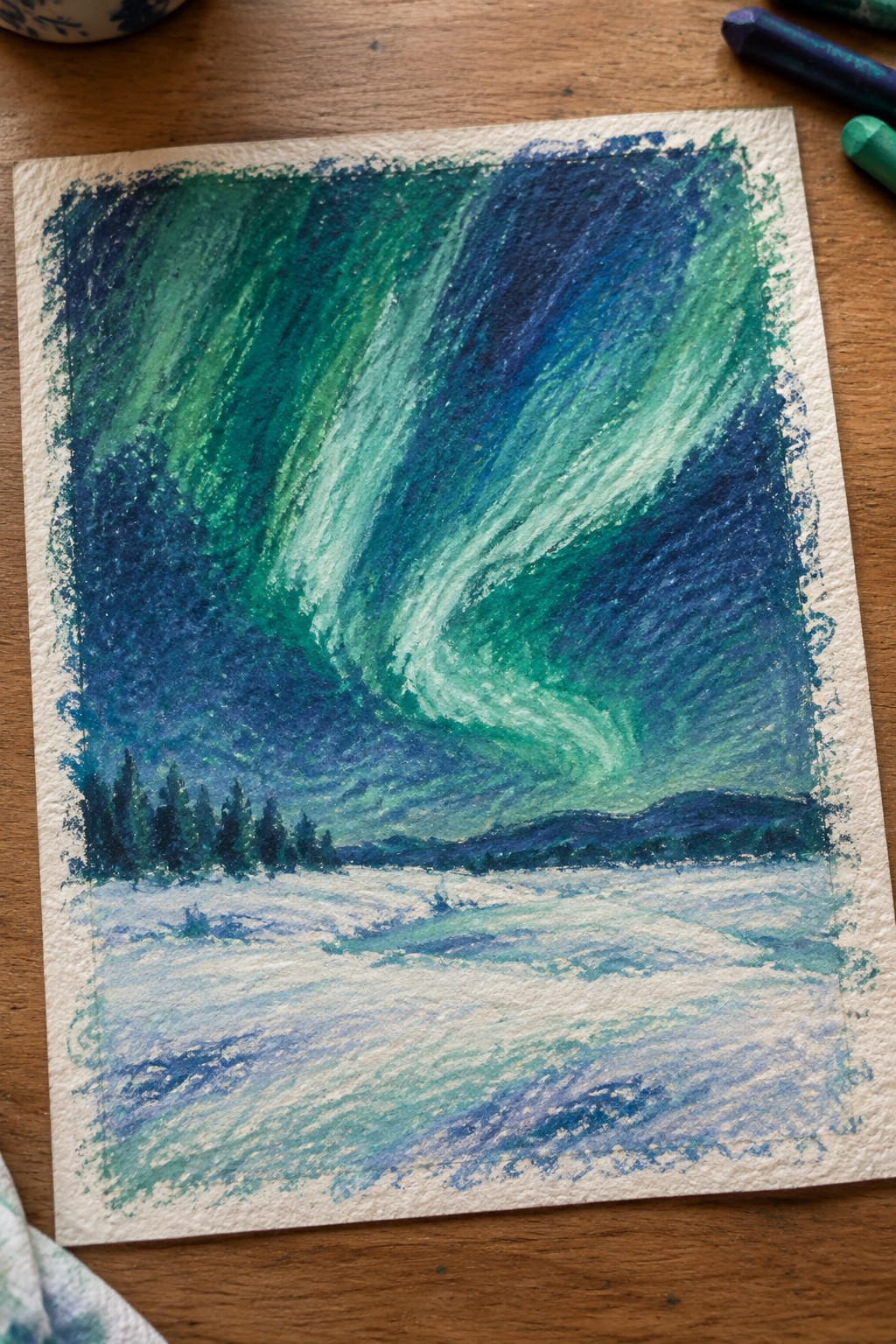 Vibrant green and blue aurora borealis pastel over snowy landscape with pine trees