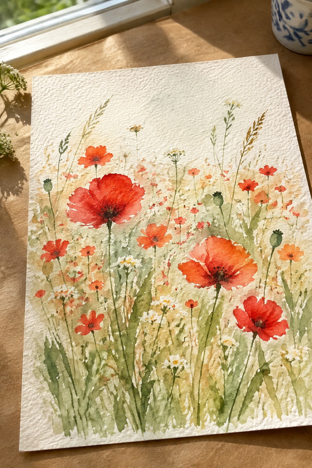 Watercolor of red poppies, wildflowers, and green grasses on textured white paper